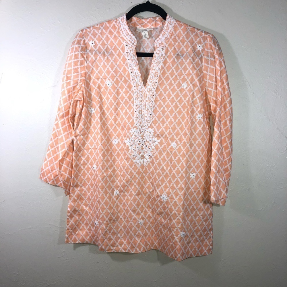 CHARTER CLUB Luxury 100% Linen Embroidered 3/4 Sleeve Tunic Top Sz S - Picture 2 of 9